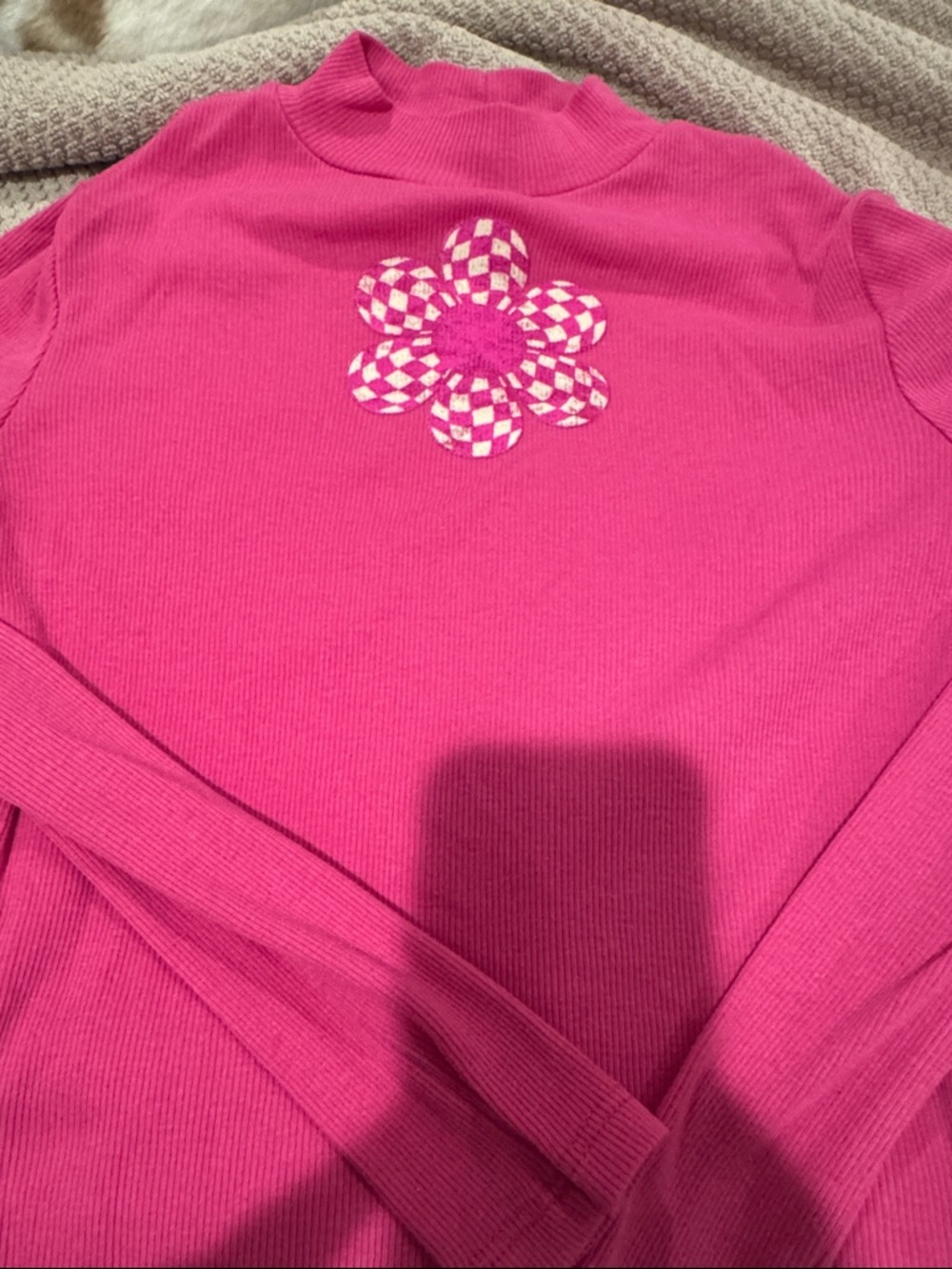 Forever 21 Hot Pink Mock Neck Long Sleeve Top with Checker Flower